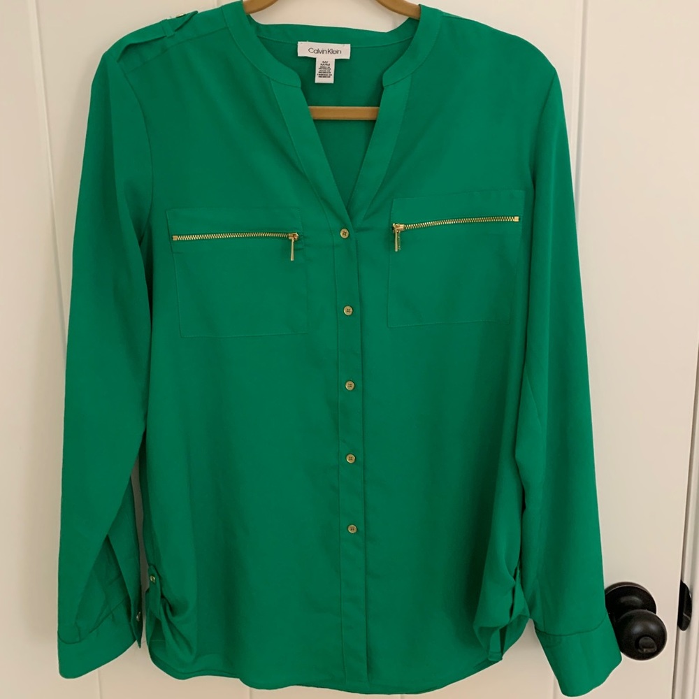 Calvin Klein green top with gold accents